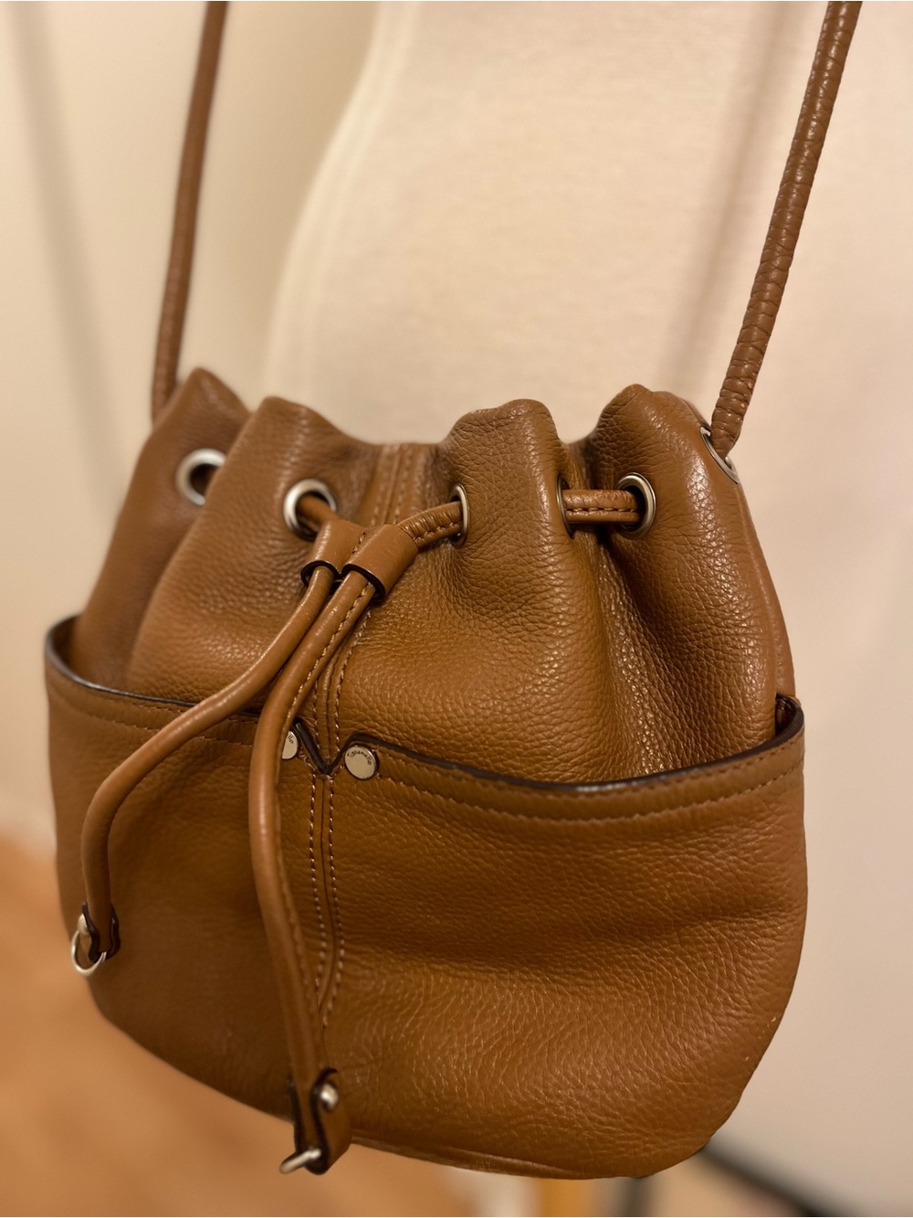 Tignanello Caramel Brown Pebbled Leather Drawstring Crossbody - Picture 4 of 10